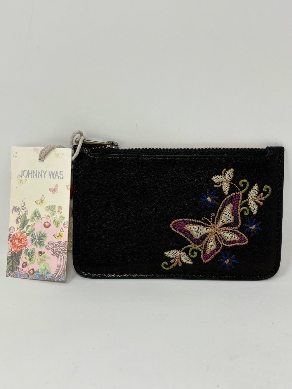 Johnny Was Carminia Italian leather zip card holder NWT butterfly embroidered